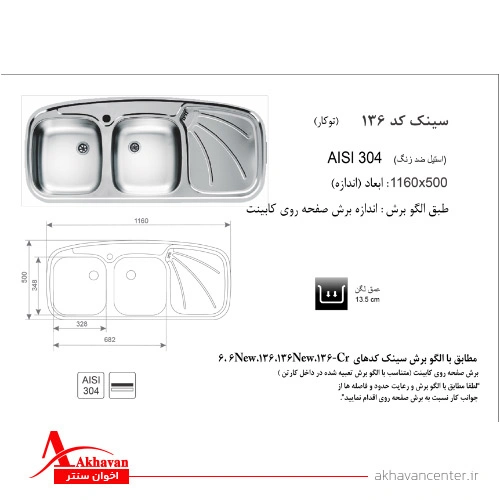 الگوی برش سینک 136SP توکار اخوان