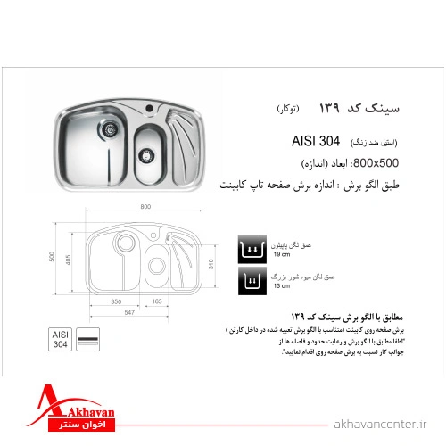 الگوی برش سینک 139 توکار اخوان