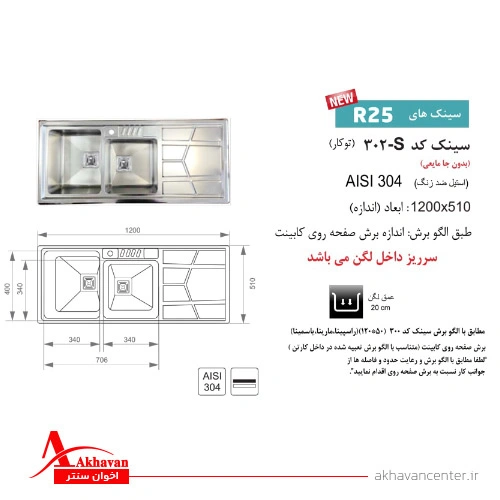 الگوی برش سینک 302S توکار اخوان