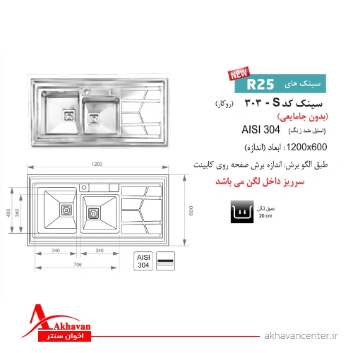 الگوی برش سینک 303S روکار اخوان