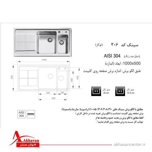الگوی برش سینک 306 توکار اخوان