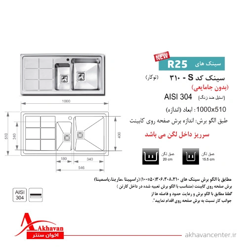 الگوی برش سینک 310S توکار اخوان