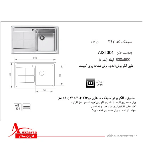 الگوی برش سینک 312 توکار اخوان