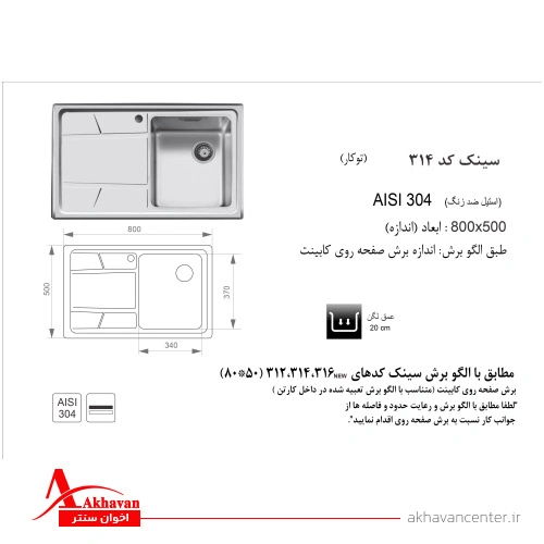 الگوی برش سینک 314 توکار اخوان