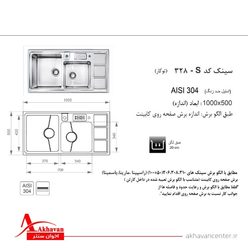 الگوی برش سینک 328S توکار اخوان
