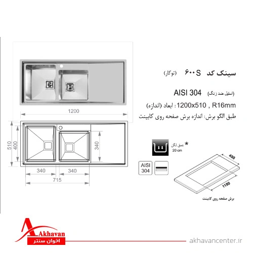 الگوی برش سینک 600S توکار اخوان