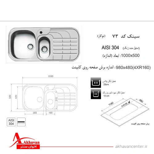 الگوی برش سینک 73 توکار اخوان